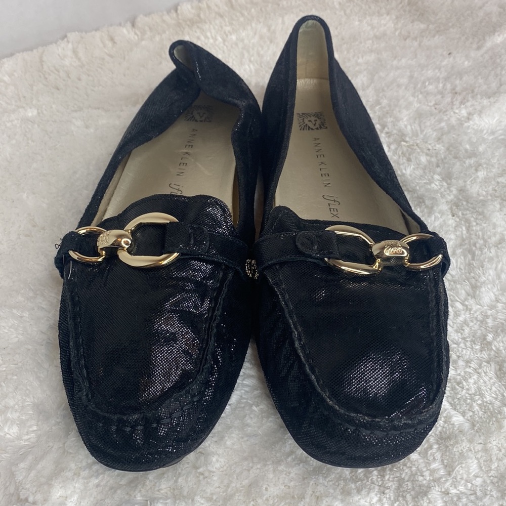 ANNE KLEIN "Myles " Black Snake Skin Loafers Gold Bit 9